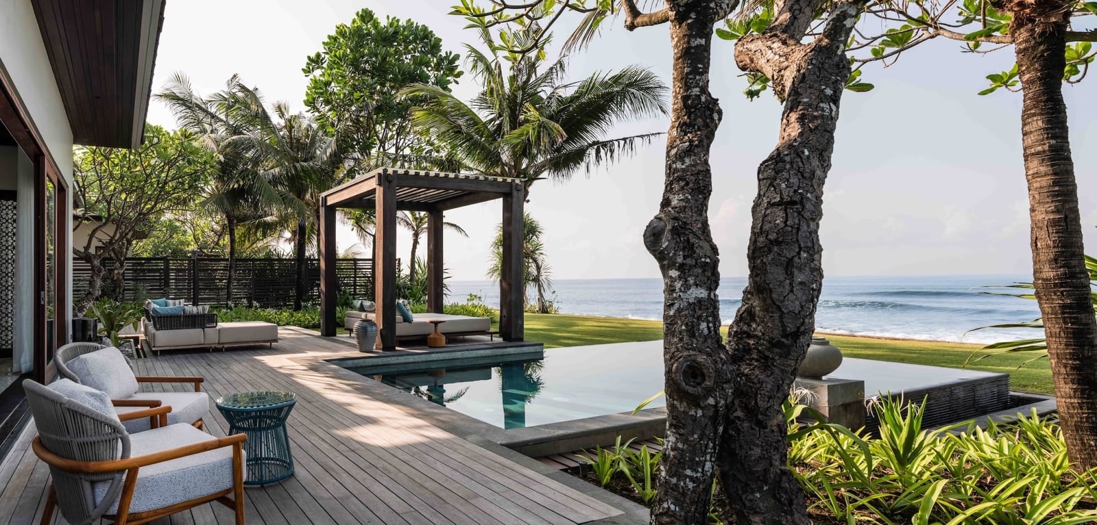 A private pool and shaded terrace at a beachfront villa at Regent Bali Canggu.
