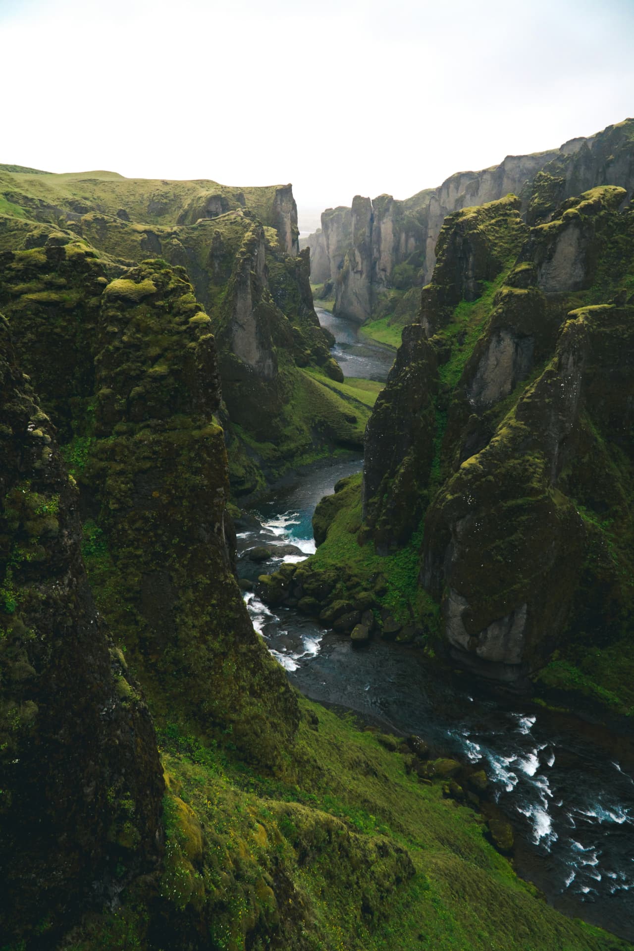 A moss-covered volcanic canyon with a river running through it in Iceland