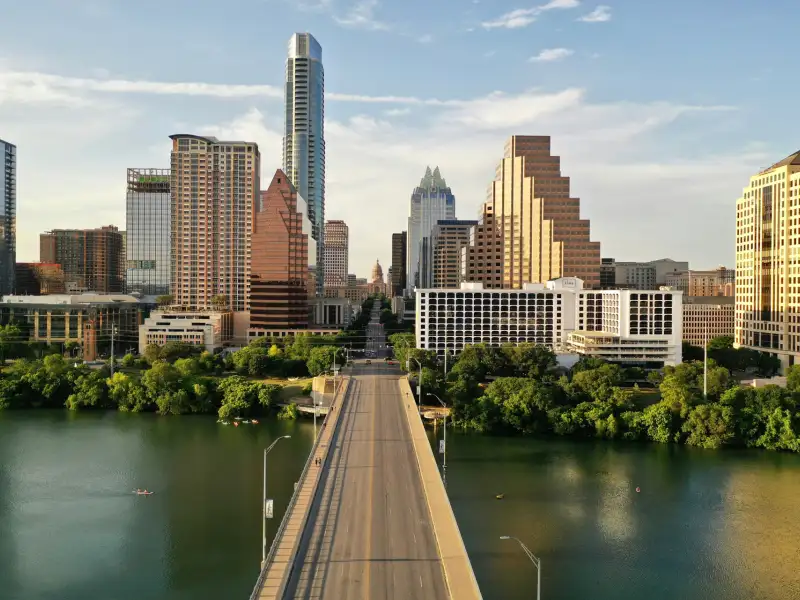 Downtown Austin across Lady Bird Lake from the Congress Avenue bridge.