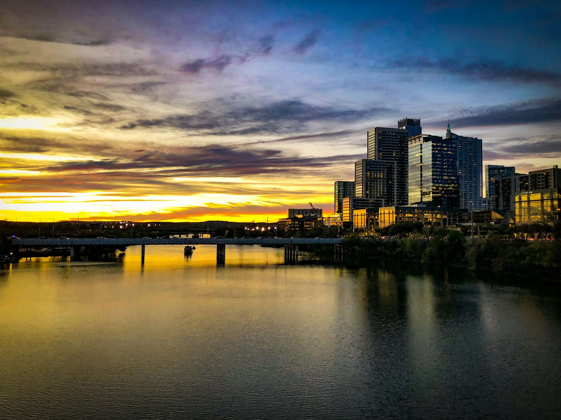 Downtown Austin across Lady Bird Lake from the Congress Avenue bridge.