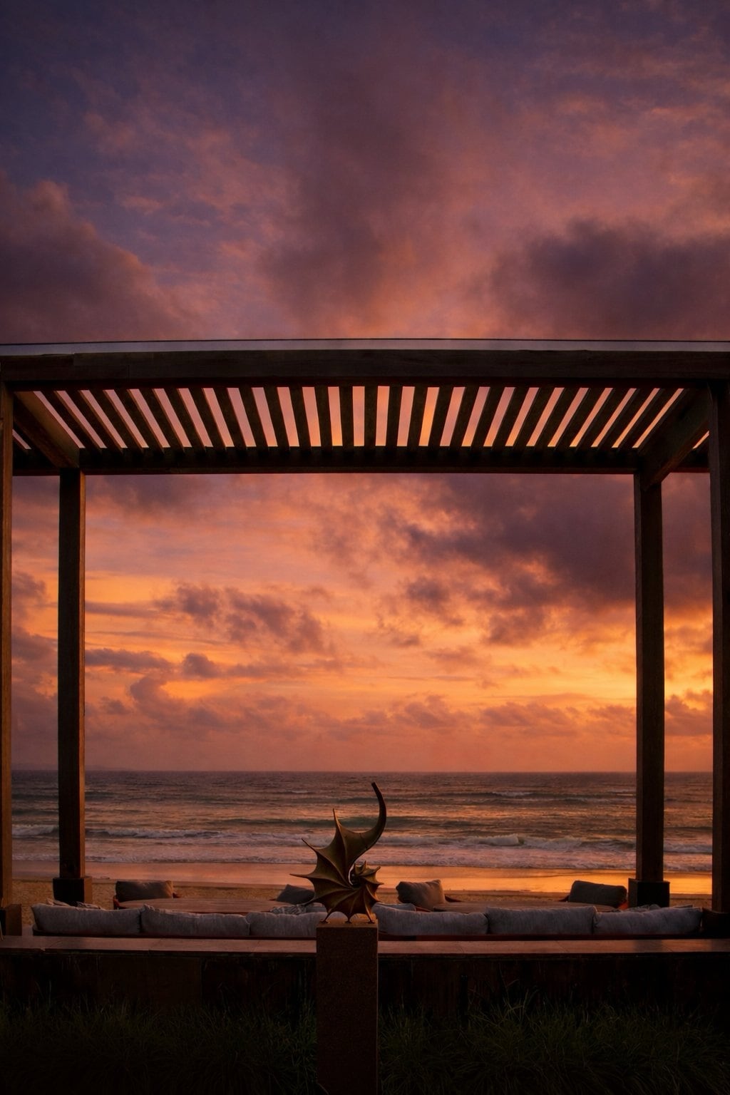 The open-air lounge at CURE Bali at sunset.