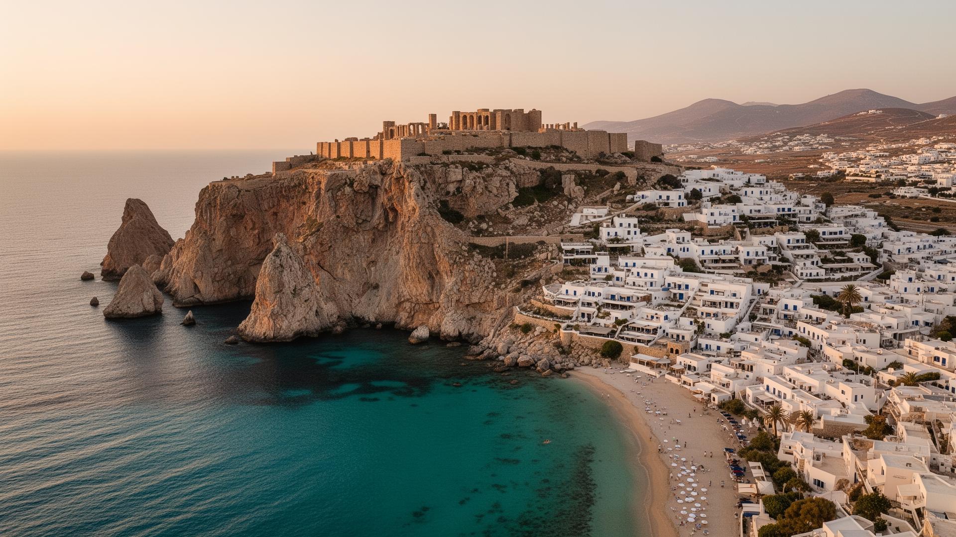 The coastline of Rhodes with clear Aegean water below a rocky headland